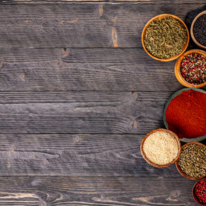 Indian spices on a wooden background. Copy space
