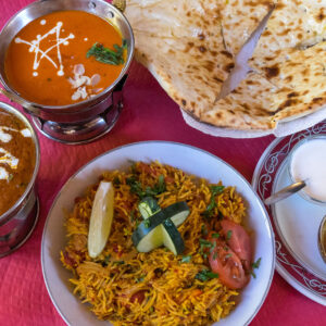 Basmati rice, sauces and Indian bread in a restaurant